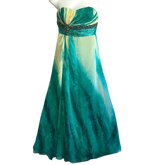 Y2K Bicici Strapless Teal & Cream Ombre Beaded Evening Gown Floor-Length XL - Picture 1 of 14